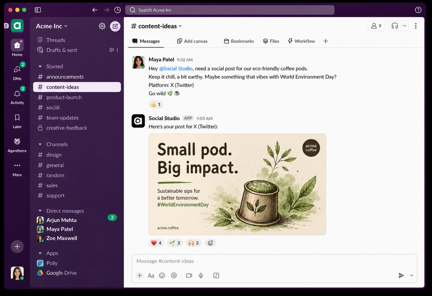 An on-brand social graphic composed by Studio Bot straight from Slack.